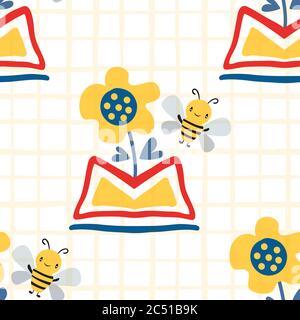 Kawaii Honigbiene mit abstrakten Narzissen in azteken-Motivvase. Nahtloser Hintergrund für Vektormuster. Niedliche Insekten und Blumen auf gelbem Grunge Gitter Hintergrund Stock Vektor