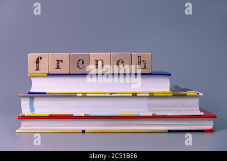 französisch Sprachkurs und Lernkonzept. Stapel von Büchern mit Holzblöcken Stockfoto