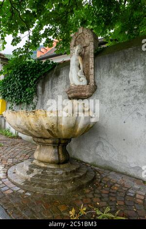 Der historische Brunnen am Roten Haus in Vaduz in Liechtenstein Stockfoto