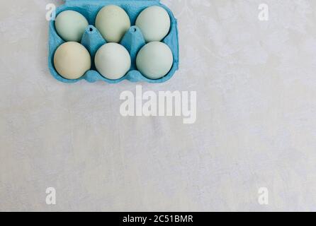Sechs weiche blaue Hühnereier in blauem Karton auf weißem Hintergrund Stockfoto