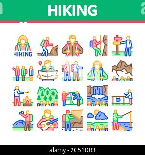 Wandern Extreme Tourismus Sammlung Icons Set Vektor Stock Vektor