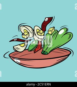 Schwimmende Cartoon Salat aus Eiern und Salat Stock Vektor
