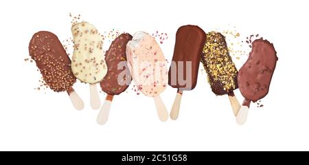 Haufen von Schokolade aromatisierten Eis auf einem Stock isoliert Stockfoto