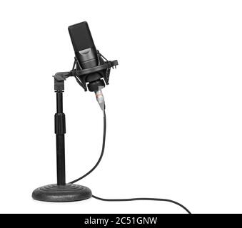 Professionelles Mikrofon auf einem über Weiß isolierten Tischfuß mit Abschneideweg Stockfoto