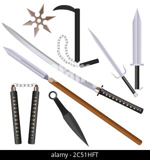 Cartoon flachen Stil Ninja Waffen mit Schatten gesetzt: Schwert, sai, Nunchaku und shurikens. vektor-Illustration Stock Vektor