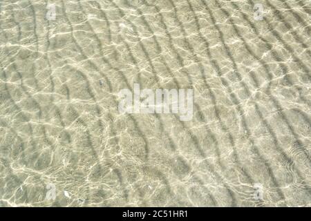 Hintergrund: Klares Wasser über Sand mit feiner Welligkeit Stockfoto