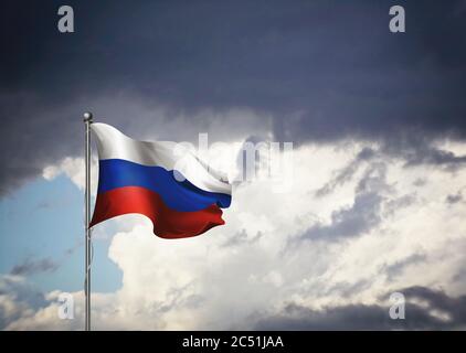 Flagge Russlands auf einem Stock, düstere Wolken im Hintergrund, 3D-Illustration Stockfoto