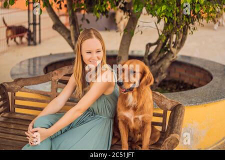 Junge Frau streichelte einen süßen flauschigen Hund Stockfoto