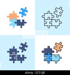 Logisches Denken Konzept Symbol in flachen und Linie Stile gesetzt. Puzzle Puzzle Symbole Sammlung. Vektorgrafik. Stock Vektor