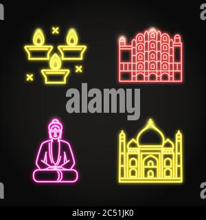 Indien Ikonen in leuchtenden Neon-Stil gesetzt. Traditionelle Symbole, darunter Festtagskerzen, Hawa Mahal Palast, Buddha und Taj Mahal. Vektorgrafik. Stock Vektor