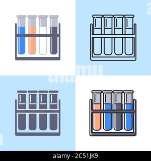 Rack mit Teströhrchen, Symbolsatz in flachen und geraden Ausführungen. Symbol für wissenschaftliche Laborgeräte. Vektorgrafik. Stock Vektor