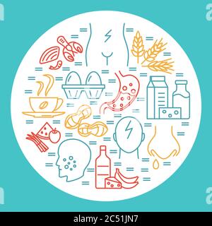 Food Allergy Round Concept Banner-Vorlage im Linienstil. Poster mit Sensitivitätssymptomen und Produktsymbolen. Vektorgrafik. Stock Vektor