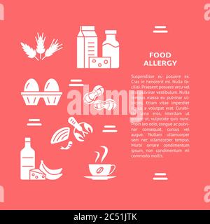 Vorlage für Lebensmittelallergie-Banner in einfachem Stil mit Platz für Text. Poster mit Symbolen für Allergene Produkte. Vektorgrafik. Stock Vektor
