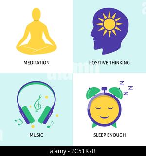 Entspannung und psychische Gesundheit Konzept Icon in flacher Stil gesetzt. Pflegen gute Stimmung Symbole Sammlung. Vektorgrafik. Stock Vektor