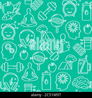 Gesundheitsverbesserung nahtloses Muster im Linienstil. Gesunde Lebensweise Konzept Wiederholung Hintergrund. Vektorgrafik. Stock Vektor
