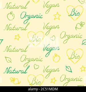 Nahtloses Muster mit handgeschriebenem Text - Bio, Natur, Bio, Vegan. Moderner Hintergrund mit kursiver Schrift. Stock Vektor