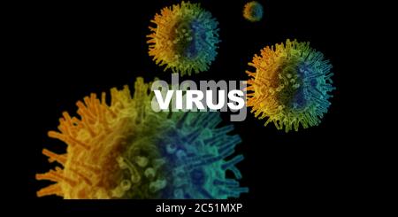 Ausbruch der Viruserkrankung. Schwimmende Erregerzellen und WORTVIRUS auf schwarzem Hintergrund, 3D-Abbildung Stockfoto