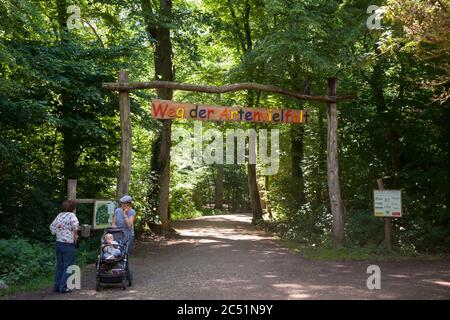 Eintritt zum Biodiversitätsweg im Waldau-Gebiet im Kottenforst, Bonn, Nordrhein-Westfalen, Deutschland. The Weg der Artenvielfalt in der Stockfoto