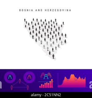 Bosnien und Herzegowina Karte. Detaillierte Vektordarstellung. Gemischte Menge von Männern und Frauen Ikonen. Infografik zur Population. Vektordarstellung Stock Vektor