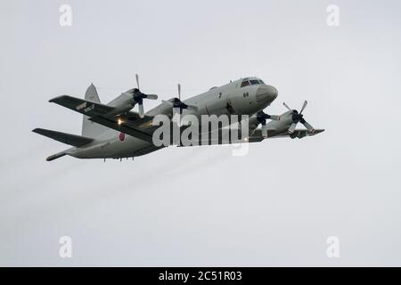 Ein Lockheed P-3C Orion Aufklärungsflugzeug mit Flottenflügel 4 der japanischen Maritime Self Defense Force (JMSDF), der in der Nähe des Atsugi-Luftwaffenstützpunktes fliegt Stockfoto