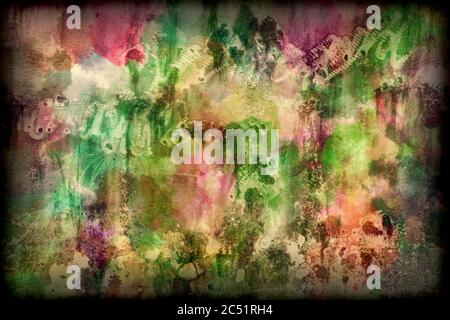 Aquarell mehrfarbige Textur Effekt Hintergrund von rosa, blau rot grün lila gelbe Farben mit einem schwarzen Blended Rand Stockfoto