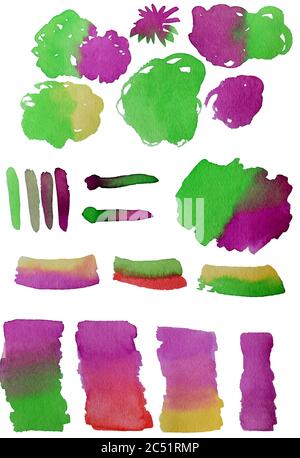 Sammlung von Flecken von Hand mit Aquarell isoliert auf weißem Hintergrund gemalt. Bündel von Farbklecks unterschiedlicher Form und Farbe. Satz Aquarelle Stockfoto