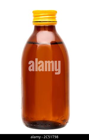 Hustensirup medizinische braune Glasflasche mit gelber Kappe isoliert auf weißem Hintergrund. Stockfoto