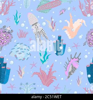 Algen ozeanischen Muster. Florales Sommermuster. Sommerliches Design. BLAUER HELLER HINTERGRUND. Stock Vektor