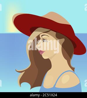 Cartoon Mädchen in einem Hut auf Meer Hintergrund Stock Vektor