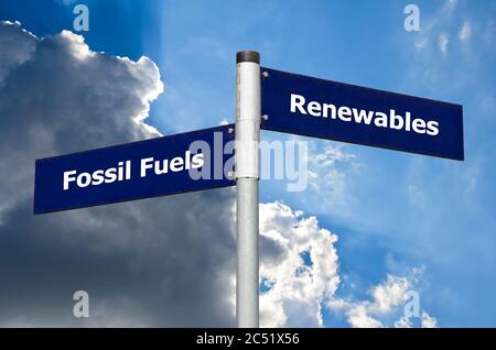 Straßenschild vor wolkenverdeckter Luft, das die Wahl zwischen ‘fossilen Brennstoffen’ und ‘renewables’ darstellt Stockfoto