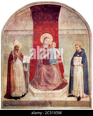 Madonna thront mit dem Heiligen Dominikus und dem Heiligen Zenobius, Fresko von Fra Angelico, um 1437-1446 Stockfoto