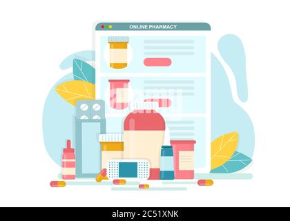 Online-Apotheke. Vektor-Illustration Von Verschiedenen Pillen Und Ergänzungen Und Digital Tablet Stock Vektor