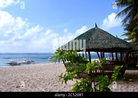 Sommersaison auf den Philippinen auf einer wunderschönen weißen Sandinsel mit Booten, Kokosnussbaum und Nipa-Hütten. Siargao Island Philippinen Stockfoto