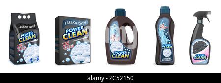 Schwarz Waschmittelpaket Mockup Set, Vektor isolierte Abbildung Stock Vektor