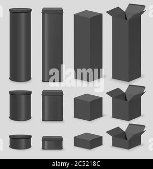 Schwarz Karton Mockup Set, Vektor isolierte Illustration Stock Vektor