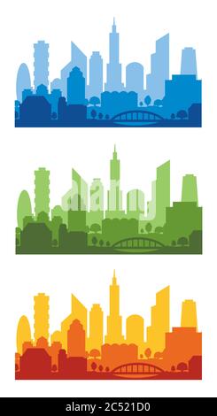 Moderne Stadt Silhouetten in verschiedenen Farben auf weißem Hintergrund, Vektor-Illustration gesetzt Stock Vektor