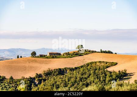 Landschaft der Crete Senesi, einem Getreideanbaugebiet mit karstigen Abschnitten. Hier im herbstlichen Abendlicht Stockfoto