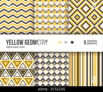 Digitale Papierverpackung, Satz von 6 abstrakten nahtlosen Mustern. Abstrakte geometrische Hintergründe. Vektorgrafik. Einfache gelbe geometrische Muster. Stock Vektor