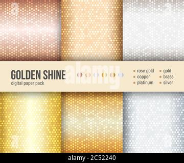 Digitale Papierverpackung, Set mit 6 abstrakt glänzenden Mustern. Abstrakte geometrische Hintergründe. Vektorgrafik. Luxuriöse Metallic-Hintergründe. Golden und sil Stock Vektor