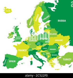 Politische Karte des europäischen Kontinents in vier Grüntönen mit weißen Ländernamen-Etiketten und isoliert auf weißem Hintergrund. Vektorgrafik. Stock Vektor