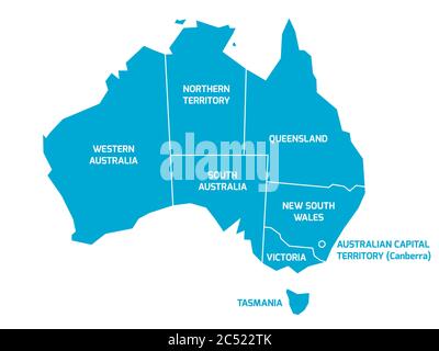 Vereinfachte Karte von Australien in Staaten und Territorien unterteilt. Blaue flache Karte mit weißen Rändern und Etiketten. Stock Vektor