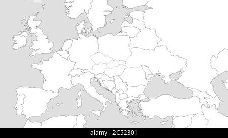 Leere Übersichtskarte von Europa mit kaukasischer Region. Vereinfachte Drahtgallmap mit schwarz linierten Rändern. Vektorgrafik. Stock Vektor