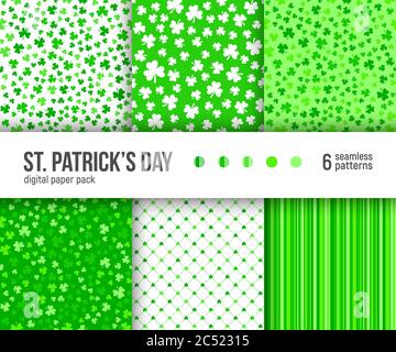 Digitale Papierverpackung, Satz von 6 abstrakten nahtlosen Mustern. Abstrakte geometrische Hintergründe. Vektorgrafik. Grüne Kleeblatt-Muster, St. Patrick Day b Stock Vektor