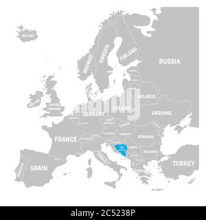 Bosnien und Herzegowina mit blauer, grauer politischer Landkarte von Europa gekennzeichnet. Vektorgrafik. Stock Vektor