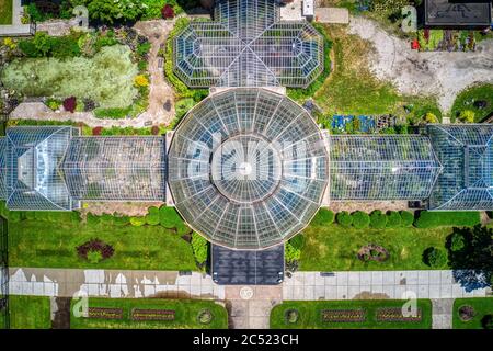 Luftaufnahme des Anna Scripps Whitcomb Conservatory, Belle Isle State Park, Detroit, Michigan, USA Stockfoto