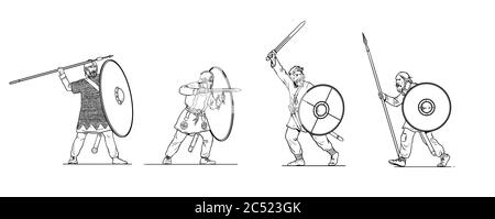 Schlacht zwischen römischen Soldaten und germanischen Kriegern. Umrisszeichnung. Stockfoto