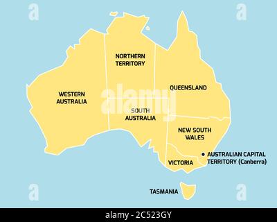 Vereinfachte Karte von Australien in Staaten und Territorien unterteilt. Graue flache Karte mit weißen Rändern und schwarzen Etiketten. Stock Vektor