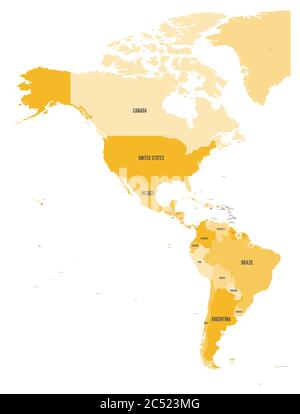 Politische Karte Amerikas in vier Orange-Tönen auf weißem Hintergrund. Nord- und Südamerika mit Länderkennzeichen. Einfache flache Vektordarstellung. Stock Vektor