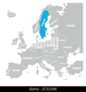 Schweden mit blauer in grauer politischer Landkarte von Europa. Vektorgrafik. Stock Vektor