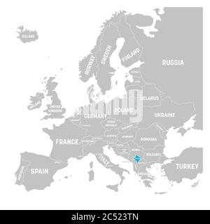 Kosovo ist durch blaue politische Landkarte von Europa gekennzeichnet. Vektorgrafik. Stock Vektor